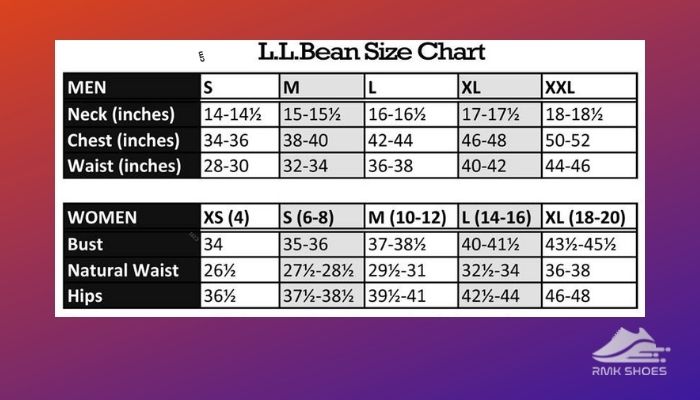 ll bean boots width chart